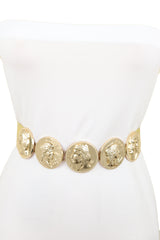 Women Gold Elastic Strap Fashion Belt Metal Greek Coin Medallion Charms