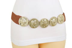 Brown Elastic Band Belt Gold Metal Greek Coin Medallion Charm Fit Size S M