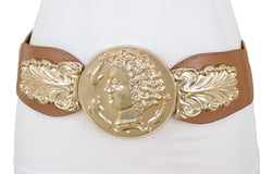 Brown Wide Elastic Fashion Belt Hip Waist Gold Metal Greek Coin Buckle S M