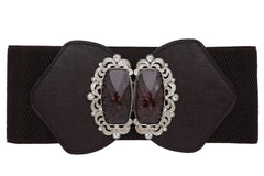 Brown Elastic Waistband Wide Belt Hip Waist Silver Bling Buckle Size S M