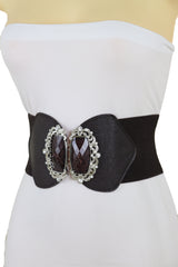 Brown Elastic Waistband Wide Belt Hip Waist Silver Bling Buckle Size S M
