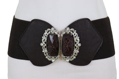 Brown Elastic Waistband Wide Belt Hip Waist Silver Bling Buckle Size S M