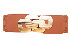 Stretch Brown Waistband Fashion Wide Belt Gold Metal Chain Link Buckle M L