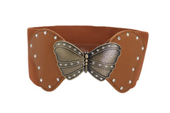 Women Brown Elastic Wide Waistband Fashion Belt Bling Butterfly Buckle Size S M