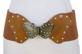 Women Brown Elastic Wide Waistband Fashion Belt Bling Butterfly Buckle Size S M