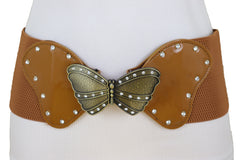 Women Brown Elastic Wide Waistband Fashion Belt Bling Butterfly Buckle Size S M