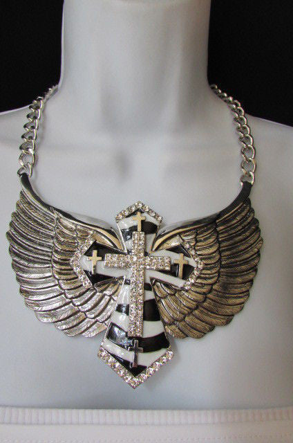 Big Bow Zebra Angel Wings Pendant Black Cross Stripes Rhinestones Women - alwaystyle4you - 1