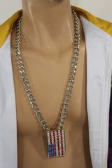 Silver Metal Chain Links Long Necklace USA American Flag Pendant 3D New Men Fashion Accessories - alwaystyle4you - 3
