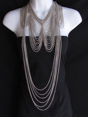 Long Gold / Silver Two Elegant Necklaces + Earring Set Thin Links New Women Fashion Jewelry - alwaystyle4you - 2