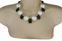 Black / Silver / Gold / Red / White Metal Stars Ball Beads Short Ivory Necklace + Earring Set New Women Fashion Jewelry - alwaystyle4you - 1