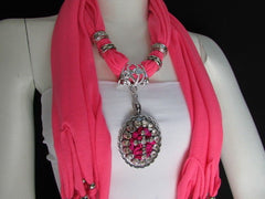 Blue Pink Beads Fabric Scarf Long Necklace Rhinestones Cross Pendant New Women Fashion - alwaystyle4you - 15