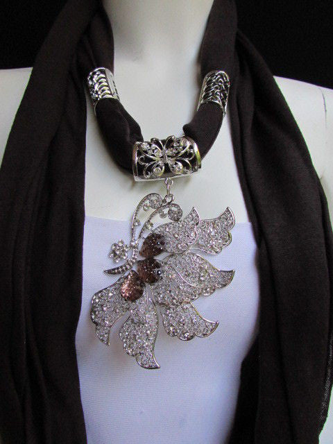 Pink Blue Black Brown Bright Coral Soft Fabric Scarf Long Necklace Big Silver Butterfly Pendant Women Fashion - alwaystyle4you - 19
