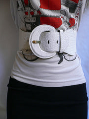 White Crocodile Stamp Hip High Waist Wide Elastic Belt Round Buckle M-XL