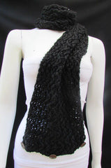 New Women Scarf Fashion Soft Fabric Winter Black / White Wide Shawl 3 Brown Wood Buttons - alwaystyle4you - 3