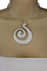 Silver / Pewter Black Choker Thin Metal Snail Spin Swirl Charm Necklace + Earrings Set New Women Fashion Jewelry - alwaystyle4you - 2