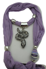 Women Lavender Fashion Scarf Fabric Silver Metal Snake Pendant Necklace Lilac - alwaystyle4you - 2