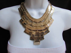 Wide 6 Strands Gold Links Chains Metal Statement Necklace + Matching Earrings Set Women - alwaystyle4you - 2
