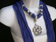 Blue Light Blue Black Dark Brown Light Pink Coral White Soft Scarf Necklace Heart Flower Silver Pendant New Women Fashion 6 Different Colors - alwaystyle4you - 14