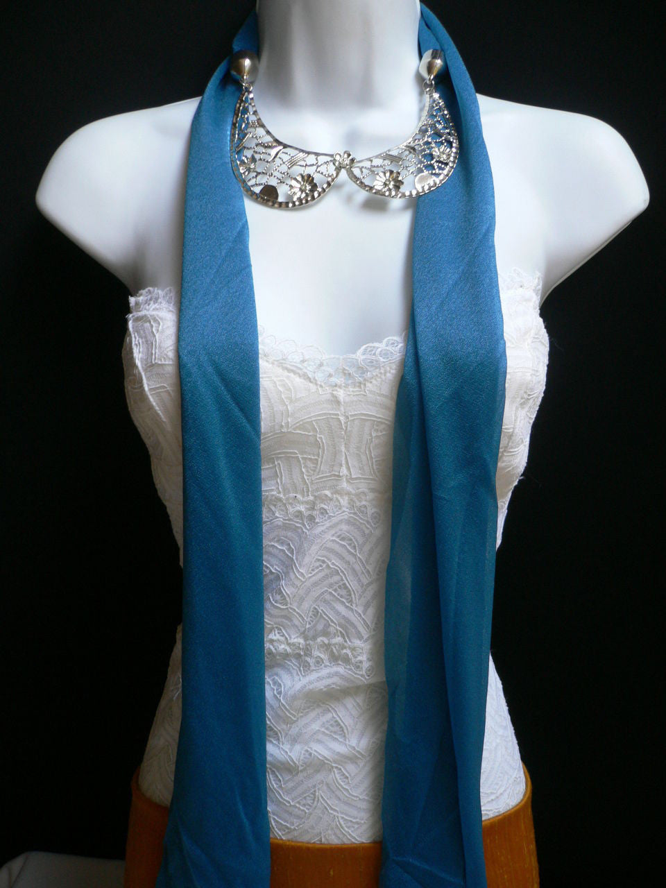 Royal Blue Fashion Scarf Necklace Silver Metal Flowers Collar Pendant Women Jewelry - alwaystyle4you - 1