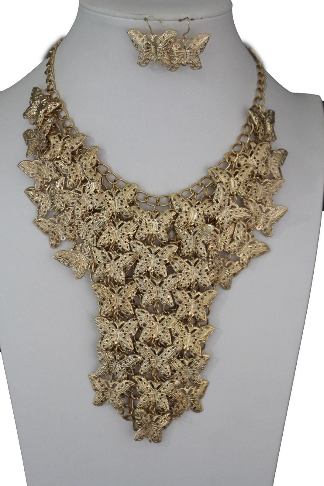 Gold Metal Long Necklace Chains Wide Multi Butterflys Matching Earring Set Fashion Women Jewelry - alwaystyle4you - 1