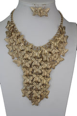 Gold Metal Long Necklace Chains Wide Multi Butterflys Matching Earring Set Fashion Women Jewelry - alwaystyle4you - 1