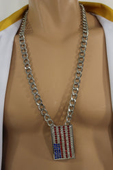 Silver Metal Chain Links Long Necklace USA American Flag Pendant 3D New Men Fashion Accessories - alwaystyle4you - 4