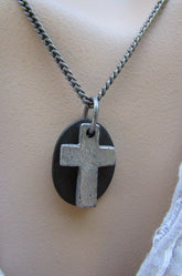 Rusty Silver / Silver Fashion Necklace Chunky Thick Chain Links Cross Pendant Back Oval Platefashion necklace pendant - alwaystyle4you - 24