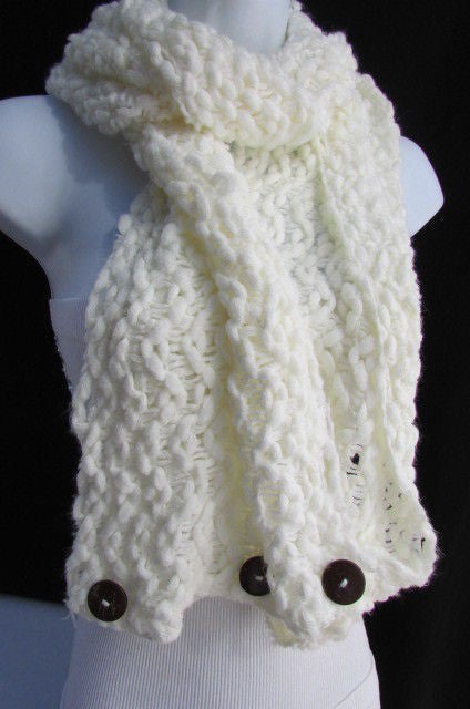Women Scarf Fashion Soft Fabric Winter Black / White Wide Shawl 3 Brown Wood Buttons - alwaystyle4you - 1