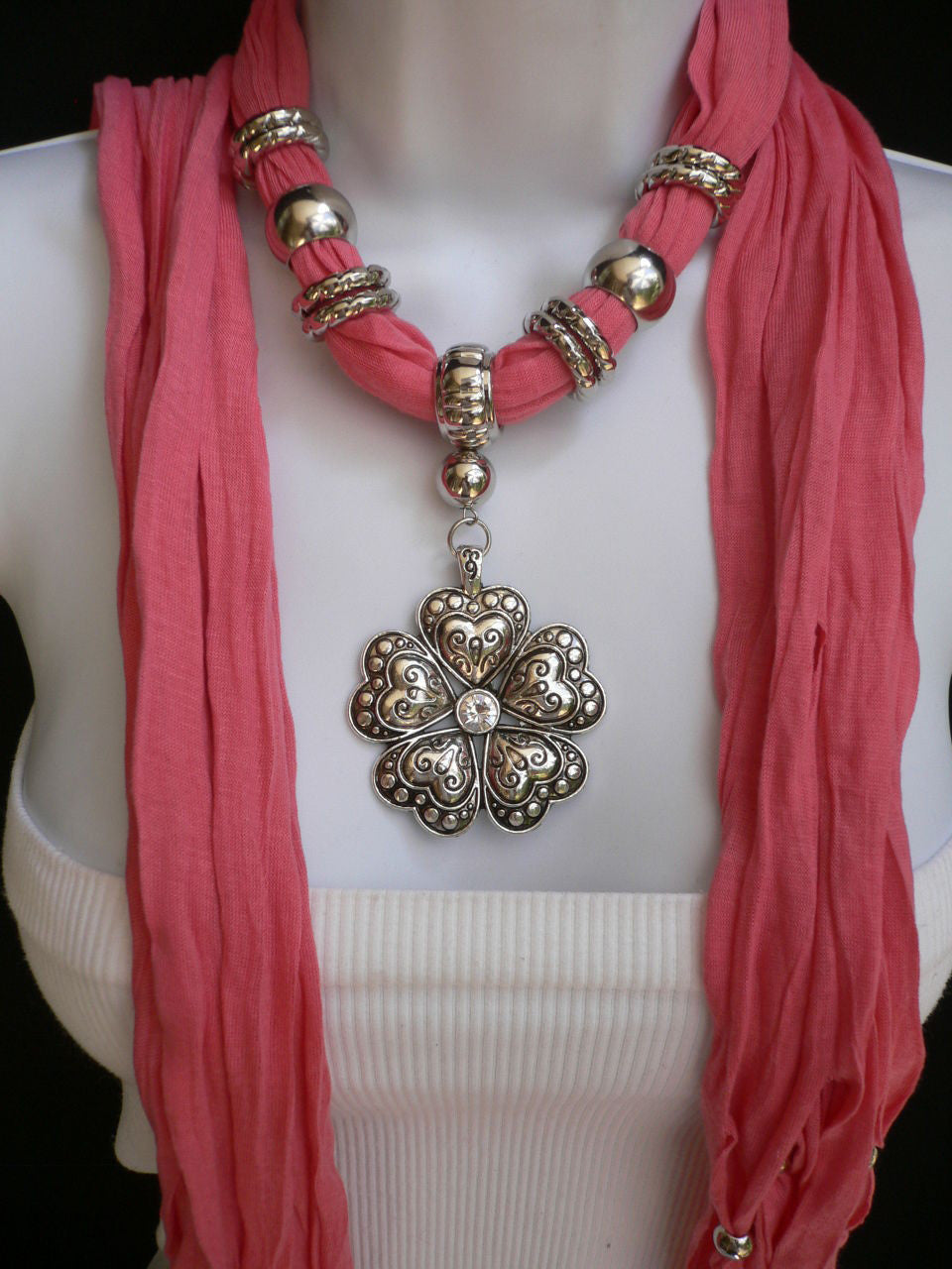 Blue Light Blue Black Dark Brown Light Pink Coral White Soft Scarf Necklace Heart Flower Silver Pendant Women Fashion 6 Different Colors - alwaystyle4you - 40