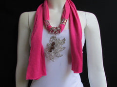 Pink Blue Black Brown Bright Coral Soft Fabric Scarf Long Necklace Big Silver Butterfly Pendant New Women Fashion - alwaystyle4you - 1