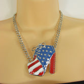 Large Metal High Heels Shoes Pendant Fashion Chains Gold / Silver Rhinestones American Flag USA Stars Necklace + Earrings Set - alwaystyle4you - 8