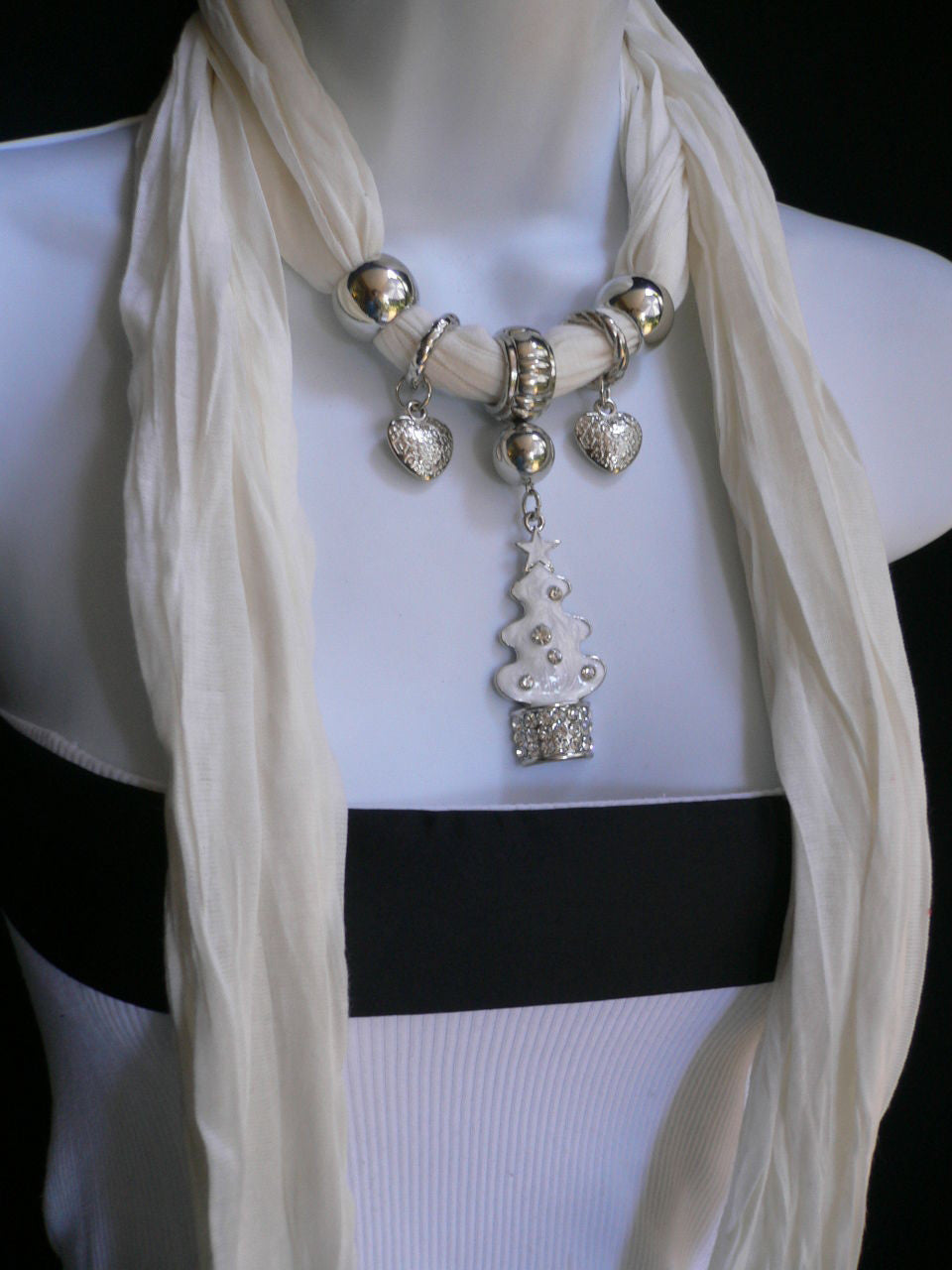 Women Fashion Snow Christmas Tree Stars Pendant White Long Scarf Necklace - alwaystyle4you - 1