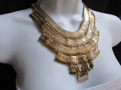 Wide 6 Strands Gold Links Chains Metal Statement Necklace + Matching Earrings Set New Women - alwaystyle4you - 3