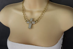 Short Gold / Silver Metal Chains Cross Pendant Necklace + Earring Set New Women Fashion Jewelry - alwaystyle4you - 4