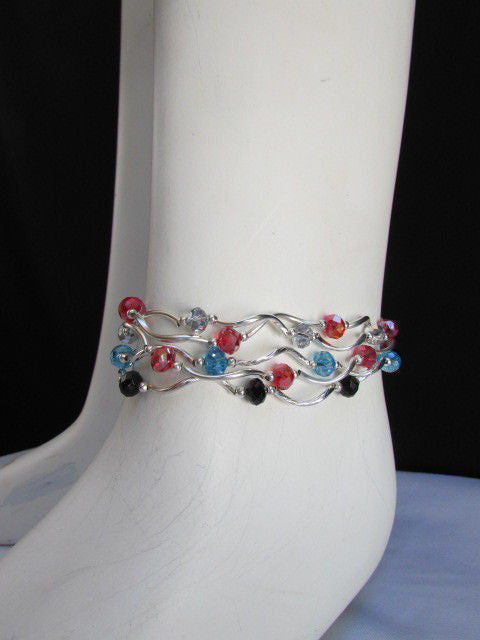 5 Elastic Row Strands Anklets Black Blue Silver Red Beads Women Fashion Jewelry - alwaystyle4you - 1