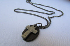 Rusty Silver / Silver Fashion Necklace Chunky Thick Chain Links Cross Pendant Back Oval Platefashion necklace pendant - alwaystyle4you - 4