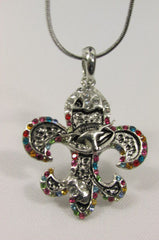 Silver Metal Fleur De Lis Lily Flower Bull Colorfull Rhinestones/ Silver Necklace Women Fashion - alwaystyle4you - 1