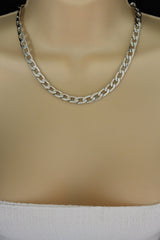 Gold Silver Plastic Chain Link Light Jewelry Short Necklace + Earring Set New Women Fashion - alwaystyle4you - 2