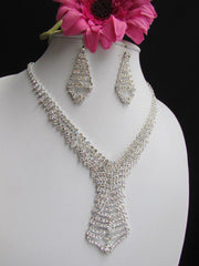 Silver Metal Tie Geometric Design Rhinestone Necklace + Earrings Set  New Women Fashion - alwaystyle4you - 4