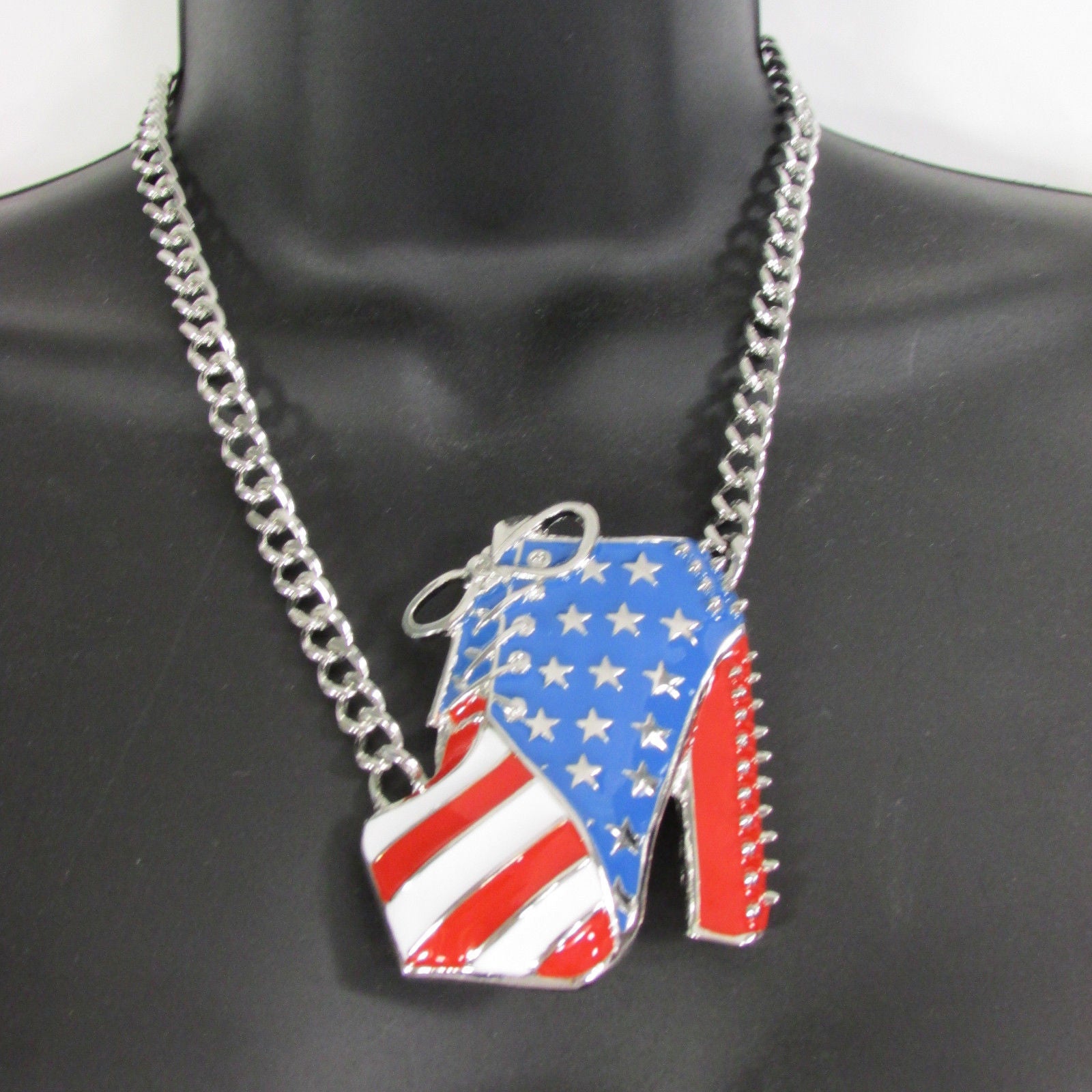 Large Metal High Heels Shoes Pendant Fashion Chains Gold / Silver Rhinestones American Flag USA Stars Necklace + Earrings Set - alwaystyle4you - 9