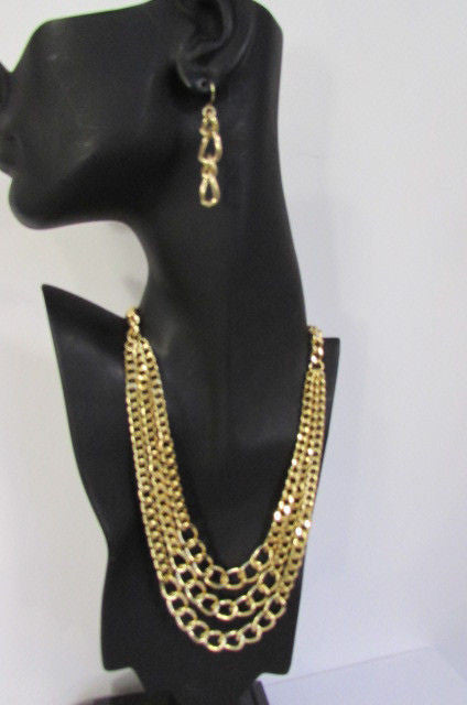 Gold Three Thick Chains Links Strands Necklace + Earrings Set Women Trendy Fashion - alwaystyle4you - 9