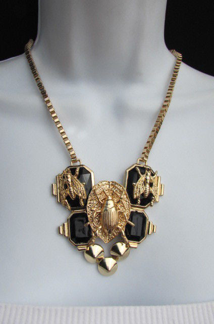 Trendy Blue / Black Bead Insect Flies Bugs Gold Chain Necklace + Matching Earring Set Women Fashion - alwaystyle4you - 1