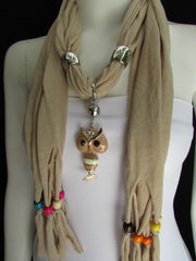 Black, Blue, Beige, Gray, White Soft Scarf Long Necklace Multicolors Wood Beads Owl Pendant New Women Fashion Accessory - alwaystyle4you - 42