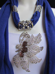 Pink Blue Black Brown Bright Coral Soft Fabric Scarf Long Necklace Big Silver Butterfly Pendant New Women Fashion - alwaystyle4you - 2