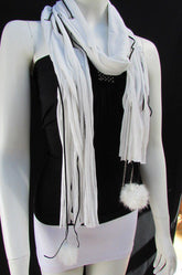 New Women Fashion Soft White Fabric Scarf Mini Faux Fur Balls Black Chains - alwaystyle4you - 11