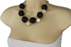 Black / Silver / Gold / Red / White Metal Stars Ball Beads Short Ivory Necklace + Earring Set Women Fashion Jewelry - alwaystyle4you - 21