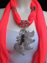 Pink Blue Black Brown Bright Coral Soft Fabric Scarf Long Necklace Big Silver Butterfly Pendant New Women Fashion - alwaystyle4you - 55