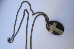 Rusty Silver / Silver Fashion Necklace Chunky Thick Chain Links Cross Pendant Back Oval Platefashion necklace pendant - alwaystyle4you - 2