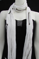 New Women Fashion Soft White Fabric Scarf Mini Faux Fur Balls Black Chains - alwaystyle4you - 1