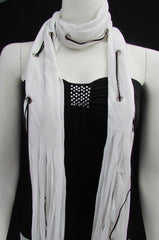 New Women Fashion Soft White Fabric Scarf Mini Faux Fur Balls Black Chains - alwaystyle4you - 1